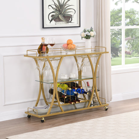 Golden Bar Cart with Wine Rack Tempered Glass Metal Frame Wine Storage - V.I.P Digital Presence