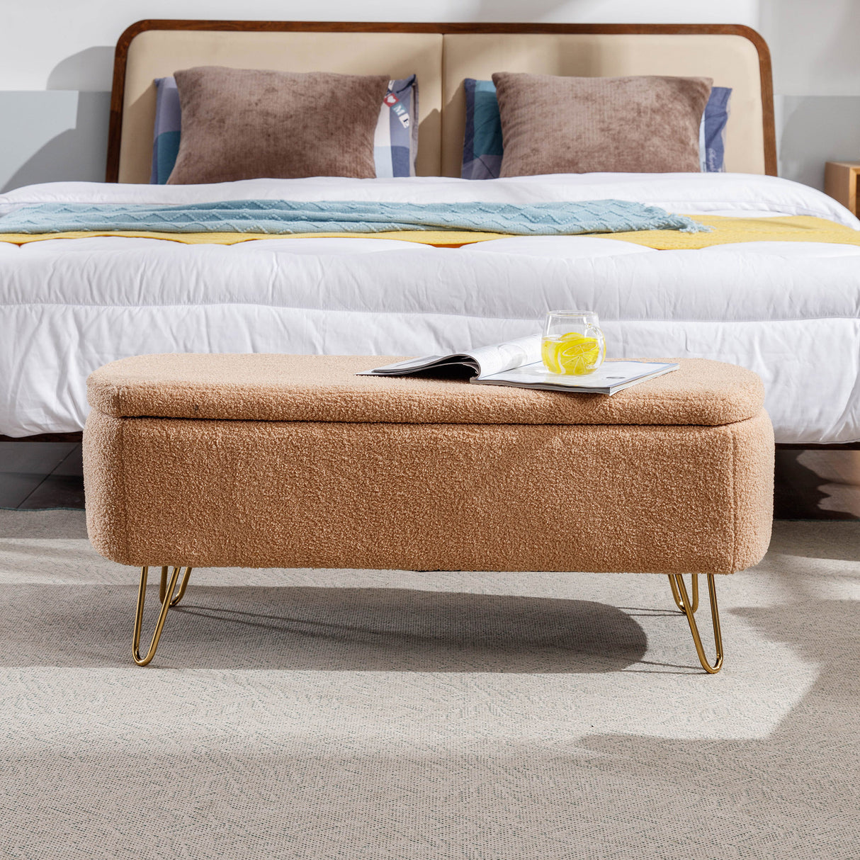 Camel Storage Ottoman Bench for End of Bed Gold Legs - V.I.P Digital Presence