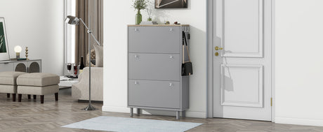 ON-TRANS narrow design shoe cabinet with 3 flip drawers and 3 independent shoe racks with 3 hooks, gray - V.I.P Digital Presence