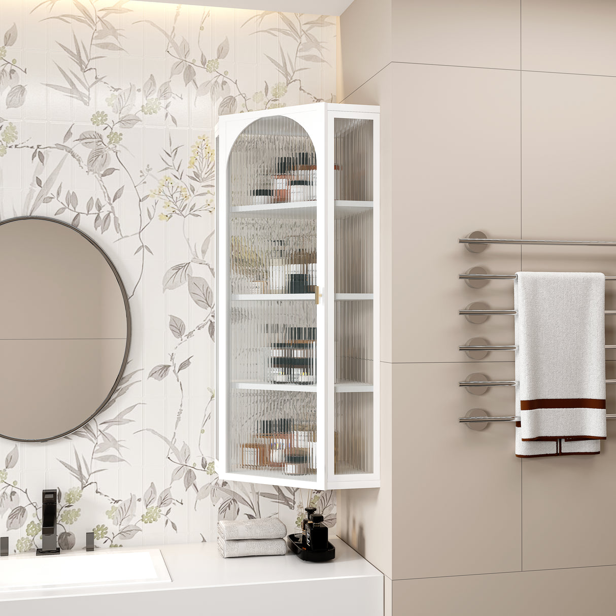 Glass Door Wall Mounted Corner Cabinet with Featuring Four-tier Storage  White