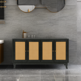 Handcrafted Premium Grain Panels Rattan Sideboard Buffer Cabinet Accent Storage Cabinet With 4 Rattan Doors BLACK - V.I.P Digital Presence