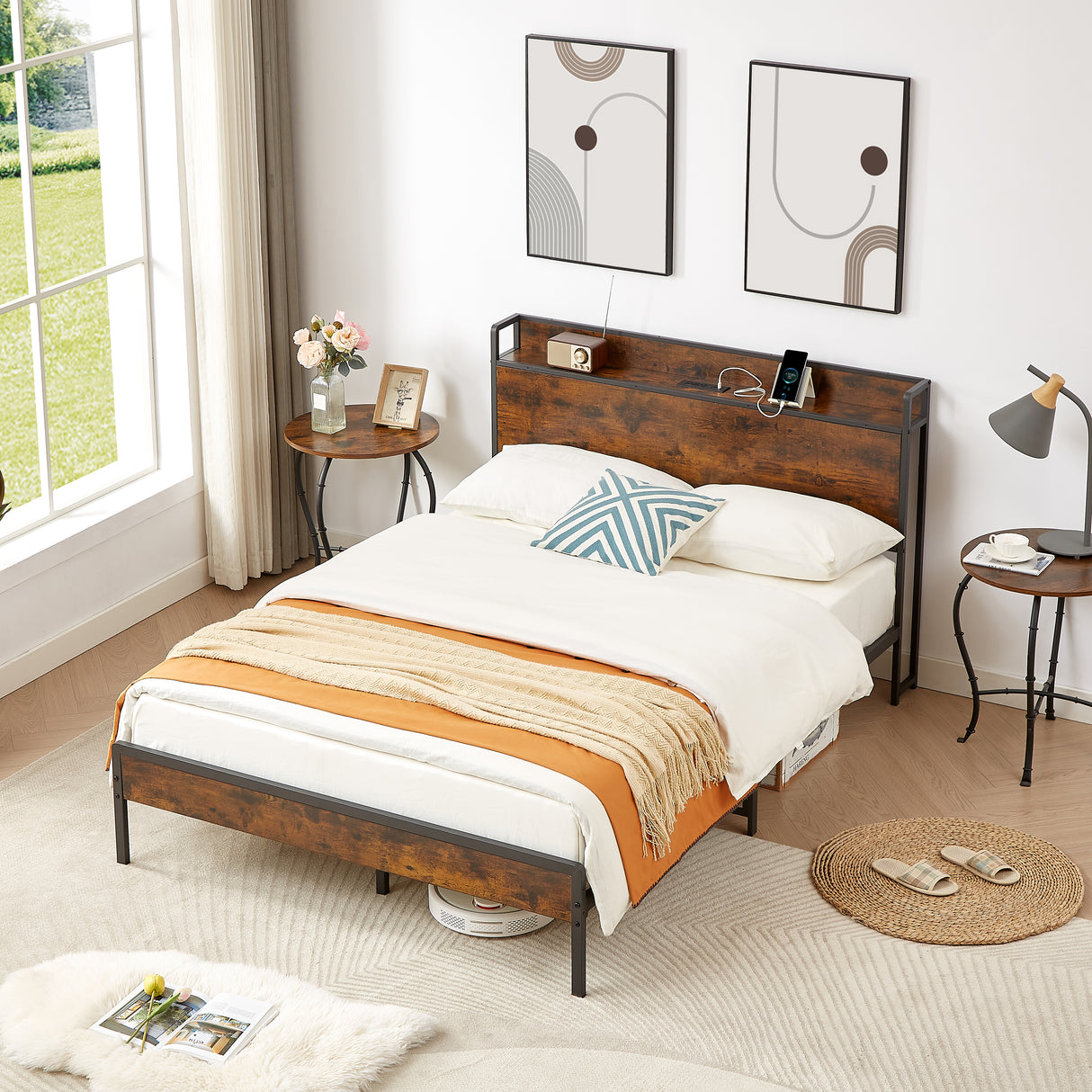 Bed frame with charging station full size, Rustic Brown, 83.1'' L x 56.1'' W x 39'' H - V.I.P Digital Presence