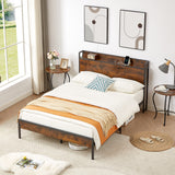 Bed frame with charging station full size, Rustic Brown, 83.1'' L x 56.1'' W x 39'' H - V.I.P Digital Presence