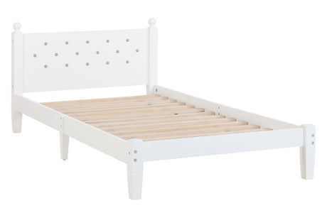 Twin Bed with Button-Decoration Headboard, with Bed Slats,White - V.I.P Digital Presence