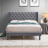 Velvet Button Tufted-Upholstered Bed with Wings Design - Strong Wood Slat Support - Easy Assembly - Gray Queen platform bed - V.I.P Digital Presence