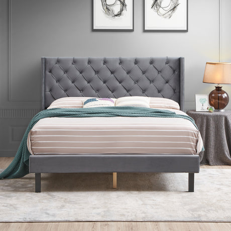 Velvet Button Tufted-Upholstered Bed with Wings Design - Strong Wood Slat Support - Easy Assembly - Gray Queen platform bed - V.I.P Digital Presence