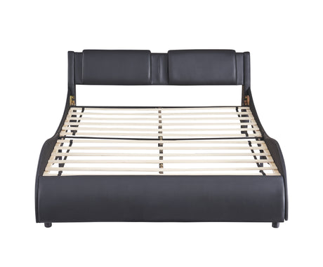 Queen Size Upholstered Faux Leather Platform Bed with LED Light Bed Frame with Slatted - Black - V.I.P Digital Presence