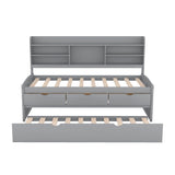 Twin Size Wooden Captain Bed with Built-in Bookshelves,Three Storage Drawers and Trundle Light Grey