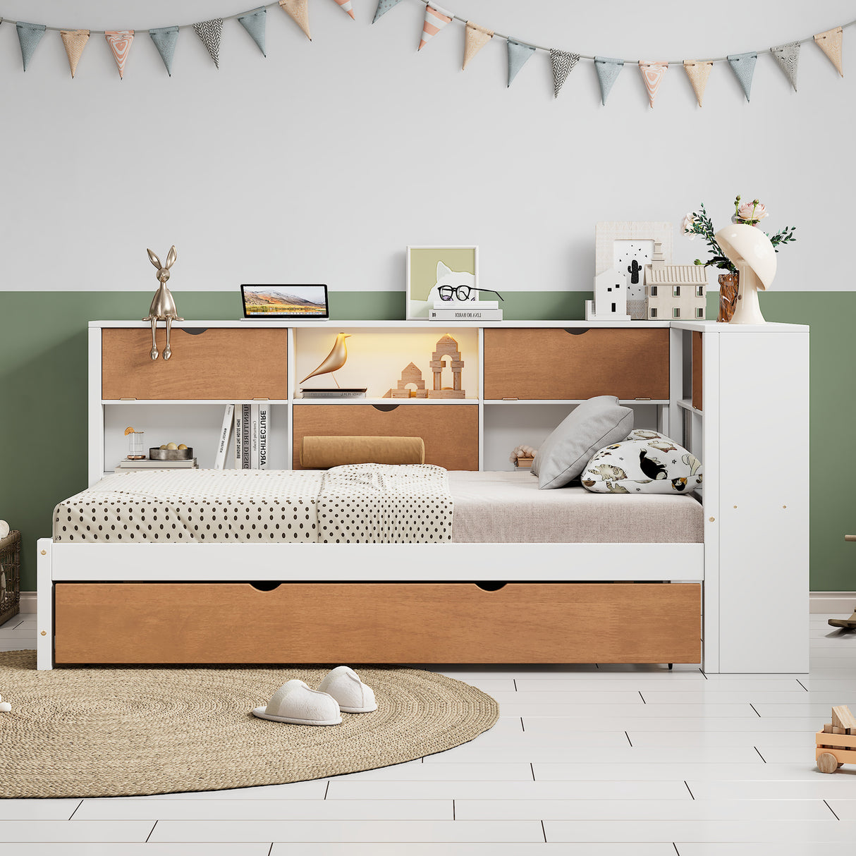 L-shaped bed frame with luggage and bookshelf, corner bed wooden captain's bed LED tube light and USB port walnut and white - V.I.P Digital Presence