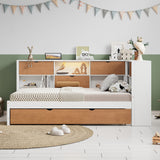L-shaped bed frame with luggage and bookshelf, corner bed wooden captain's bed LED tube light and USB port walnut and white - V.I.P Digital Presence