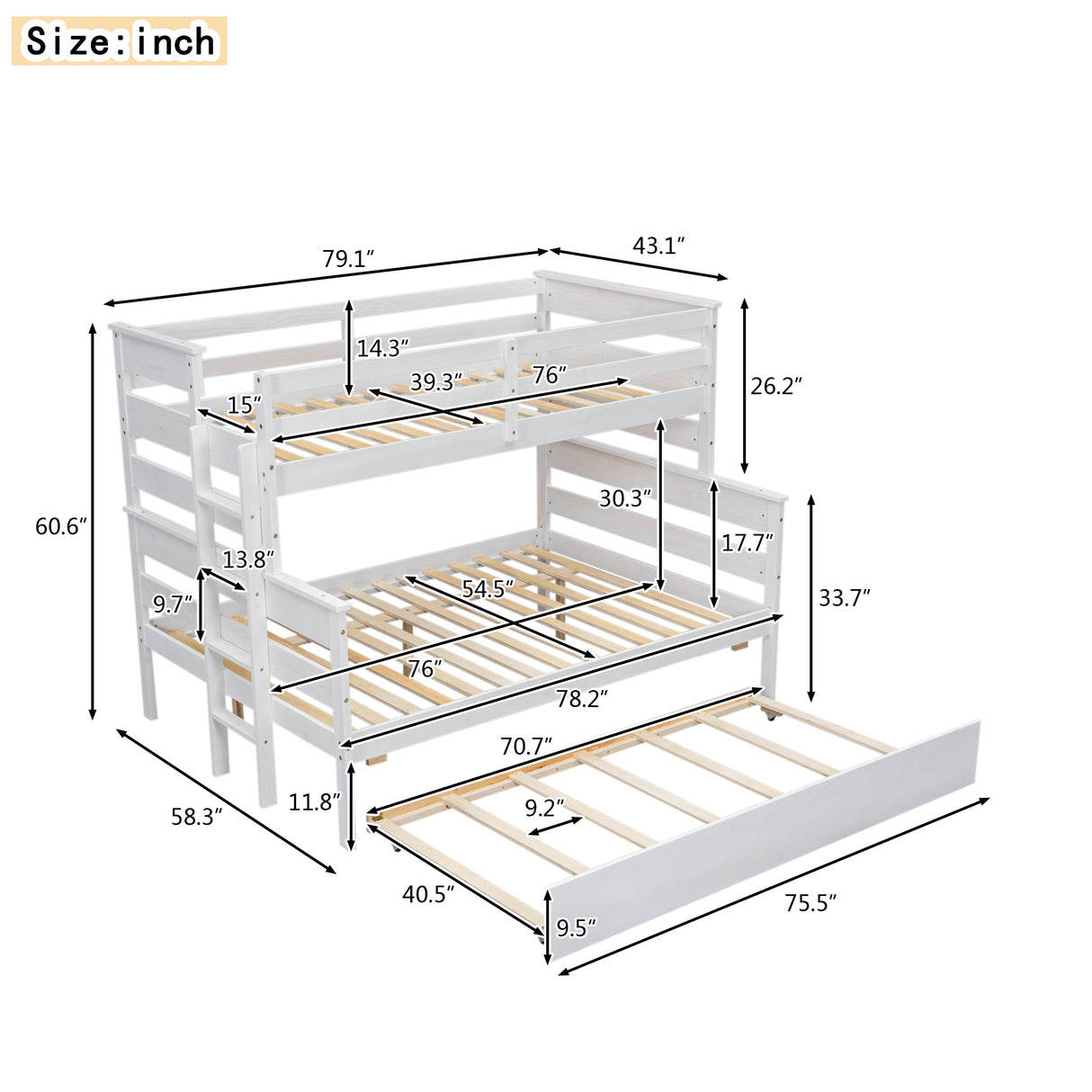 Wood Twin over Full Bunk Bed with Twin Size Trundle  White