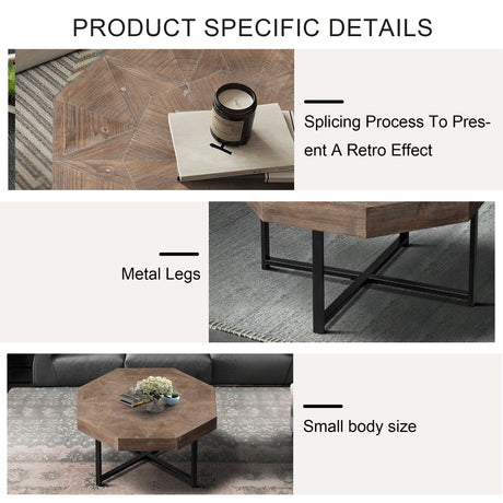 Wooden octagonal retro patchwork craft 30 inch wooden tabletop cross metal leg coffee table (antique brown) - V.I.P Digital Presence