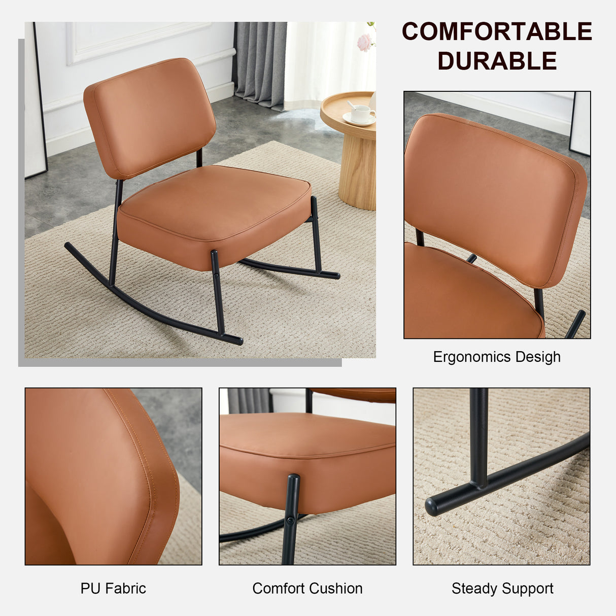 PU material cushioned rocking chair unique rocking chair cushioned seat brown backrest rocking chair black metal legs