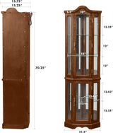 Corner Curio cabinet, adjustable tempered glass frame, rearview mirror, display cabinet, walnut wood (excluding E26 bulbs) - V.I.P Digital Presence