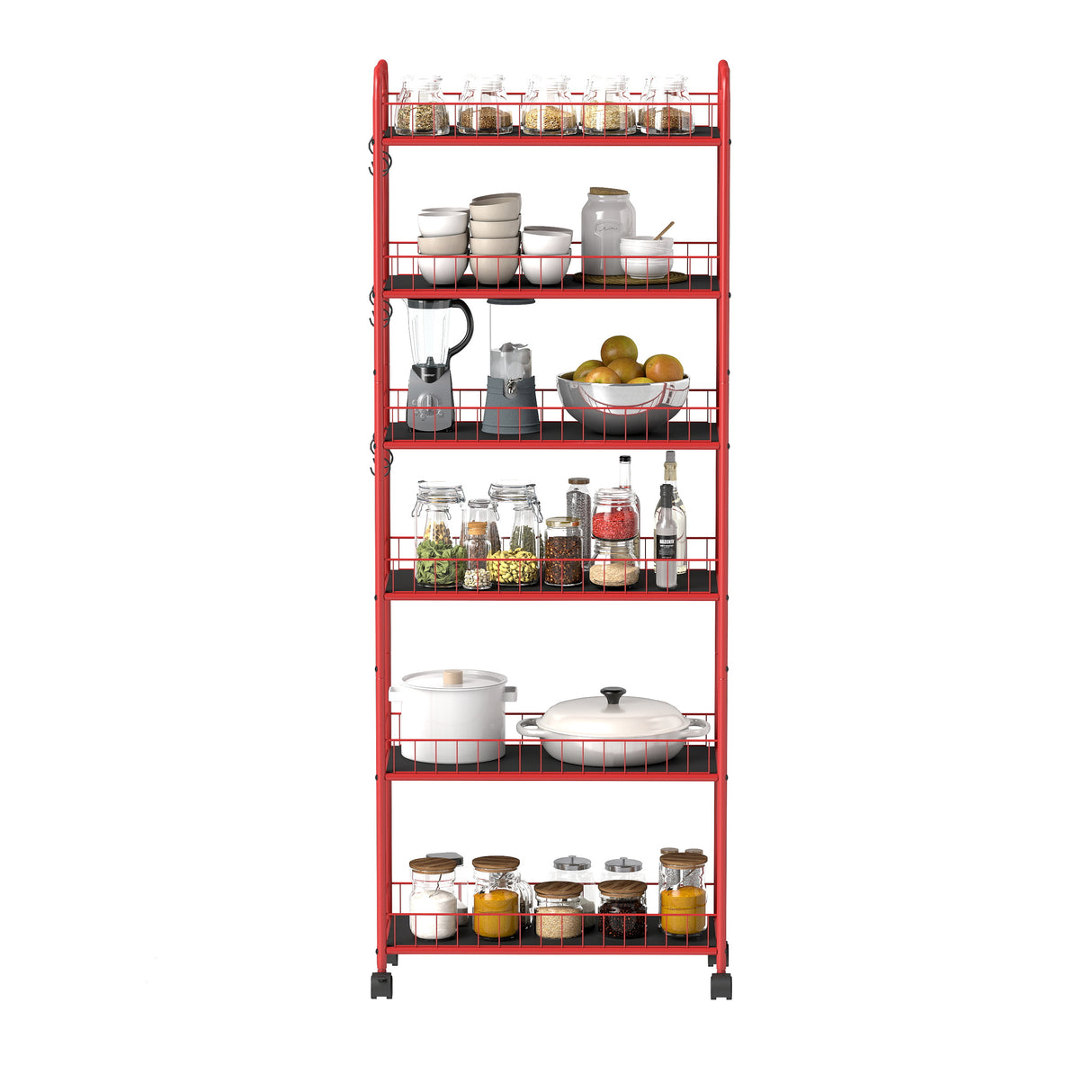 Red 6-story ultra-thin rolling storage cart, mobile shelves with wheels, metal wire storage rack with baskets - V.I.P Digital Presence