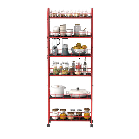 Red 6-story ultra-thin rolling storage cart, mobile shelves with wheels, metal wire storage rack with baskets - V.I.P Digital Presence