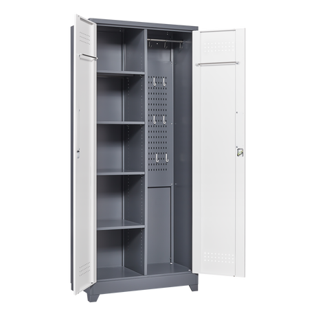 Metal storage cabinets, lockable cleaning tool cabinets, high broom tool organizers, and large storage cabinets in storage store - V.I.P Digital Presence