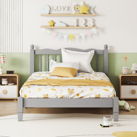 Twin Bed with Column-Decoration Headboard, with Bed Slats,Grey - V.I.P Digital Presence