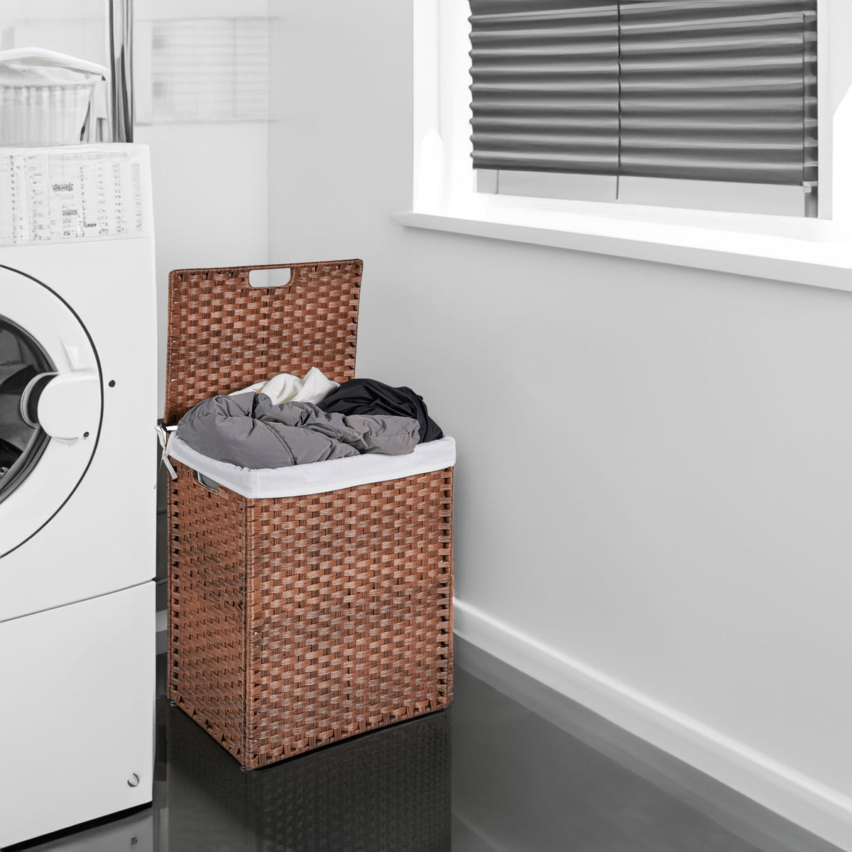 Laundry Hamper With Lid PE Rattan Powder Coating Frame Clothes Hampers with 02 Removable Bags, 100L, Brown Color - V.I.P Digital Presence