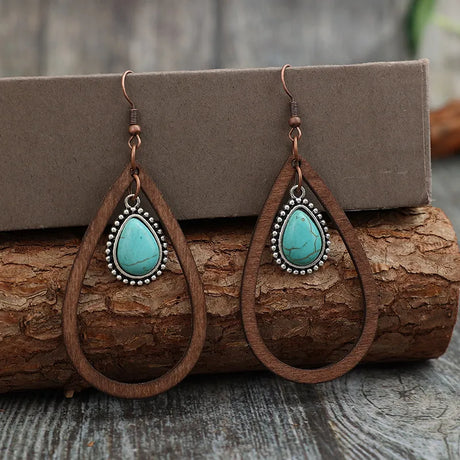 Wooden Turquoise Cutout Teardrop Earrings - V.I.P Digital Presence