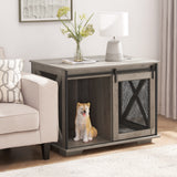 Farmhouse Dog Cage Crate Furniture with Sliding Barn Door, Farmhouse Wooden Dog Kennel End Table with Flip-top Plate Dog House - V.I.P Digital Presence
