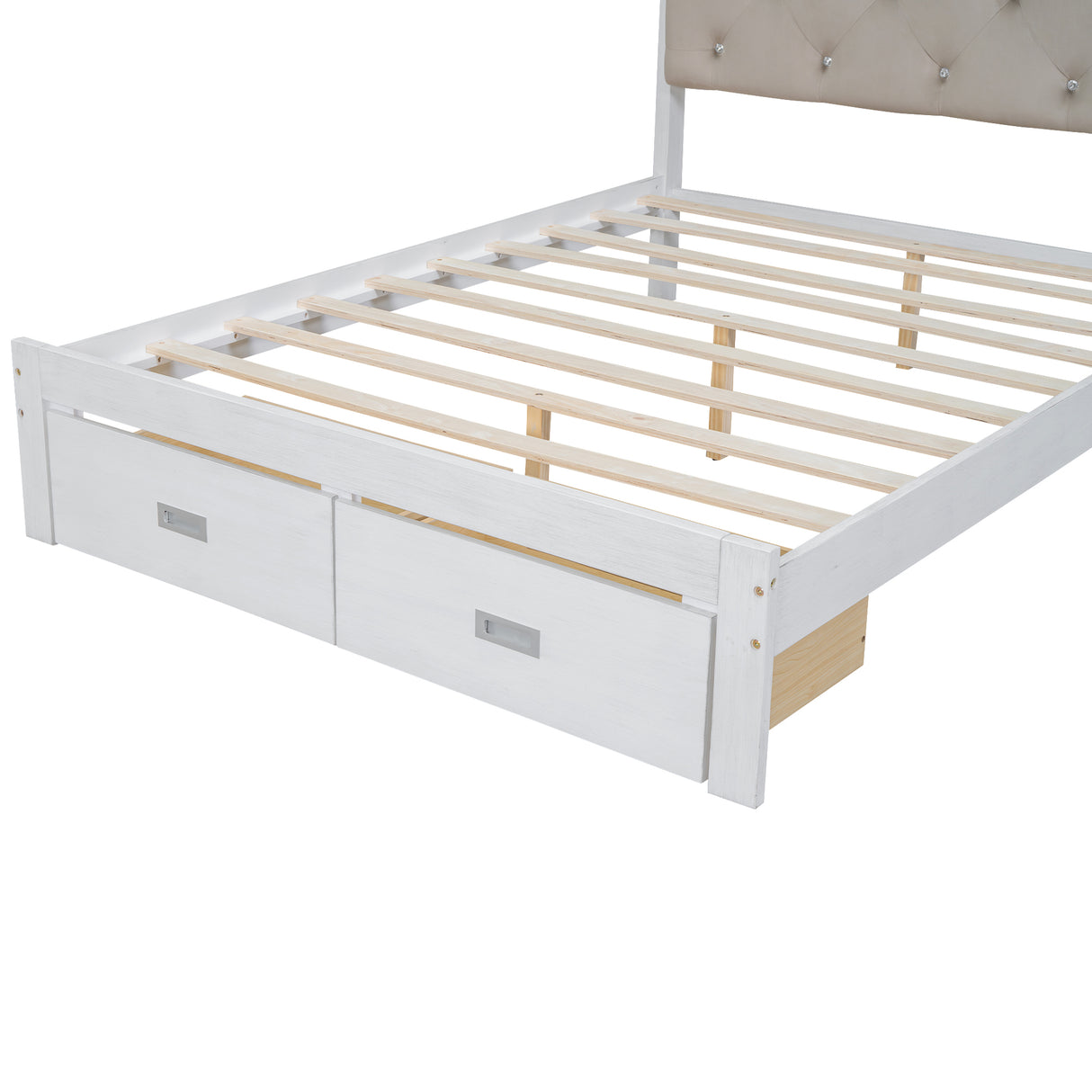 Wood Full Size Platform Bed with Upholstered Headboard and LED and 2 Drawers, Antique White - V.I.P Digital Presence