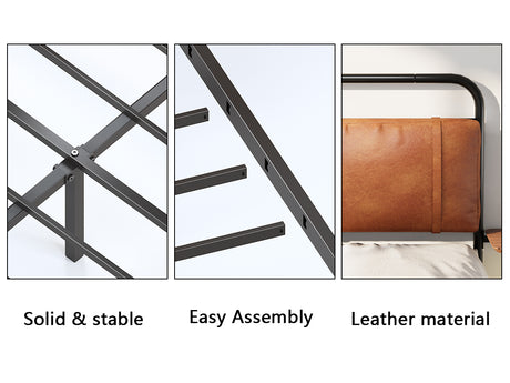 King Size Metal Bed Frame with Upholstered Headboard, with wireless charging and USB A & USB C, Touch LED light Vintage Brown - V.I.P Digital Presence