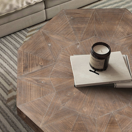 Wooden octagonal retro patchwork craft 30 inch wooden tabletop cross metal leg coffee table (antique brown) - V.I.P Digital Presence