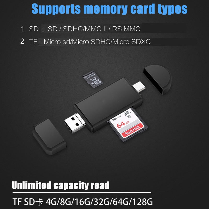 Type C & micro USB & USB 3 In 1 OTG Card Reader  High-speed USB2.0 Universal OTG TF/SD for Android Computer Extension Headers - V.I.P Digital Presence