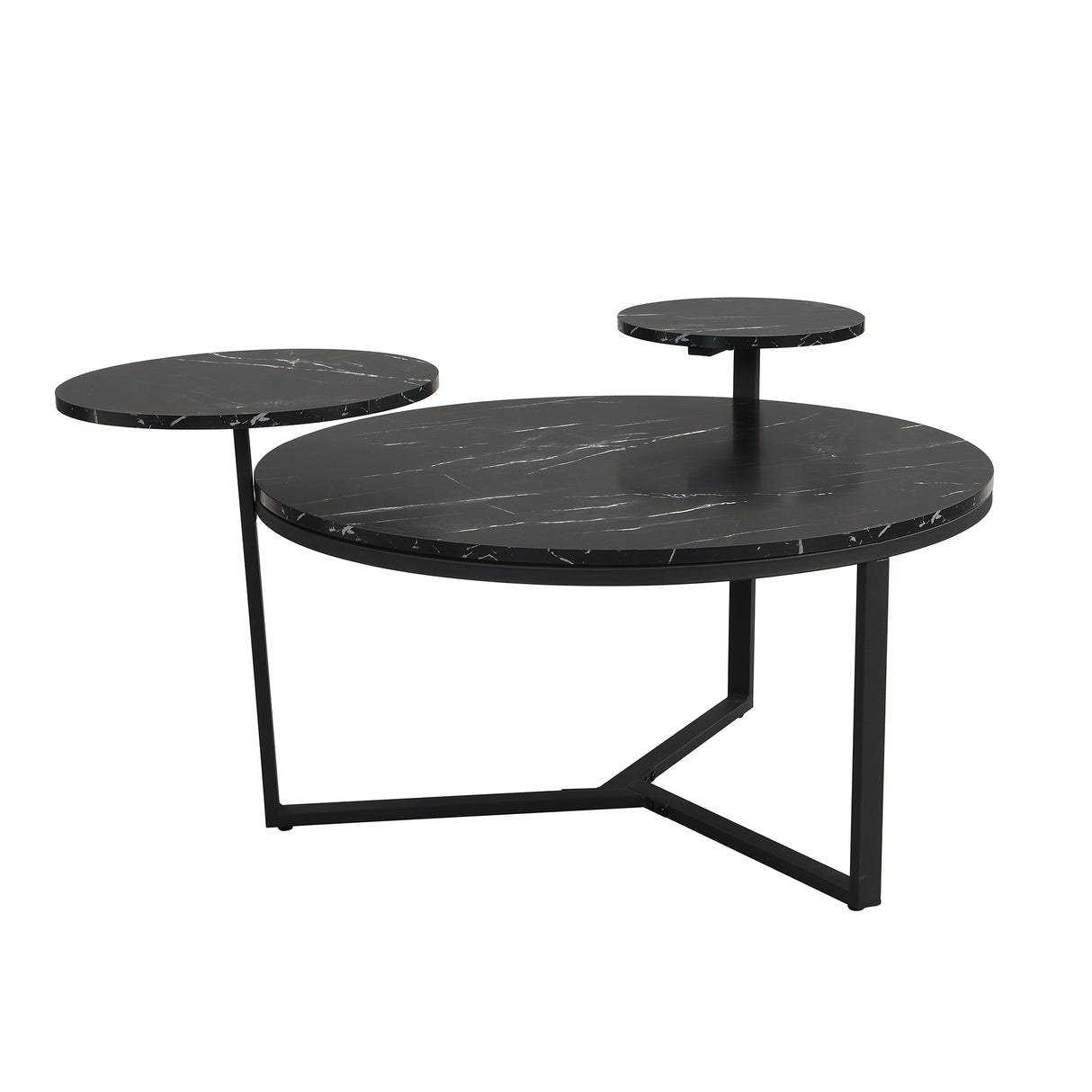 Modern coffee table with two display shelves, Black Faux marble surfaces, Tripod-inspired base,Rounded tabletop edges - V.I.P Digital Presence