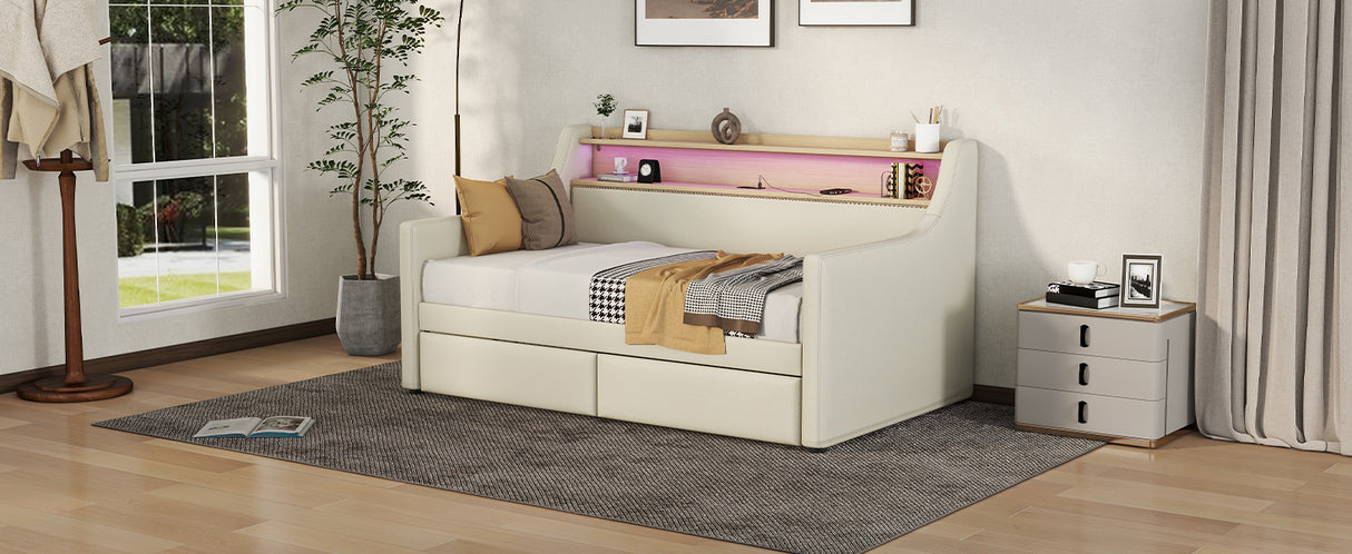 Twin Size Daybed with Storage Drawers, Upholstered Daybed with Charging Station and LED Lights, Beige - V.I.P Digital Presence