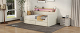 Twin Size Daybed with Storage Drawers, Upholstered Daybed with Charging Station and LED Lights, Beige - V.I.P Digital Presence