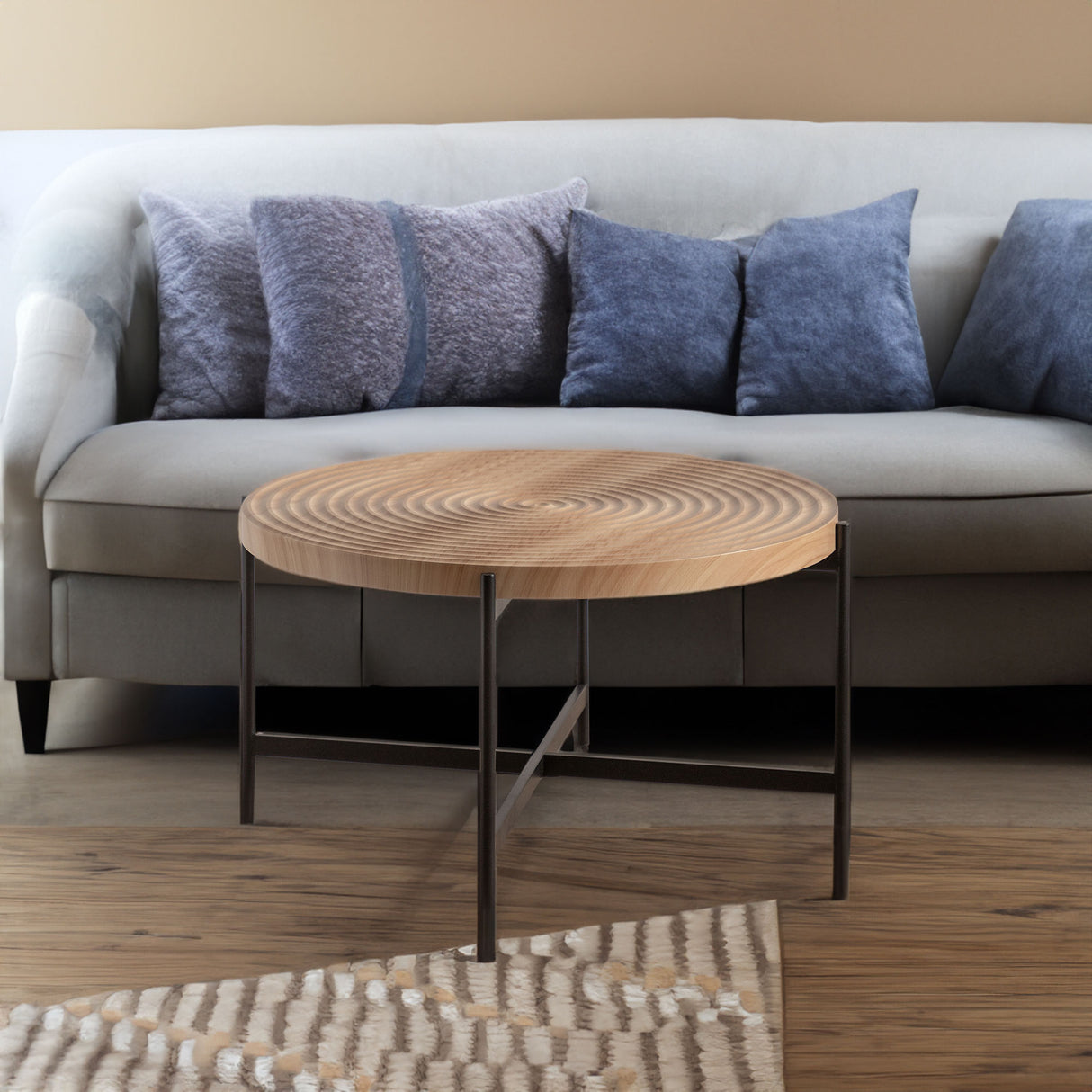 33"Modern Thread Design Round Coffee Table MDF Table Top with Cross Legs Metal Base