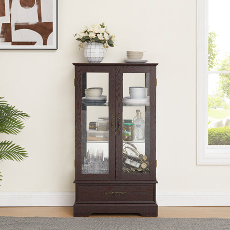 Light colored glass cabinet with adjustable glass frame Curio display cabinet, 2 doors and 1 drawer light bulb cherry color - V.I.P Digital Presence