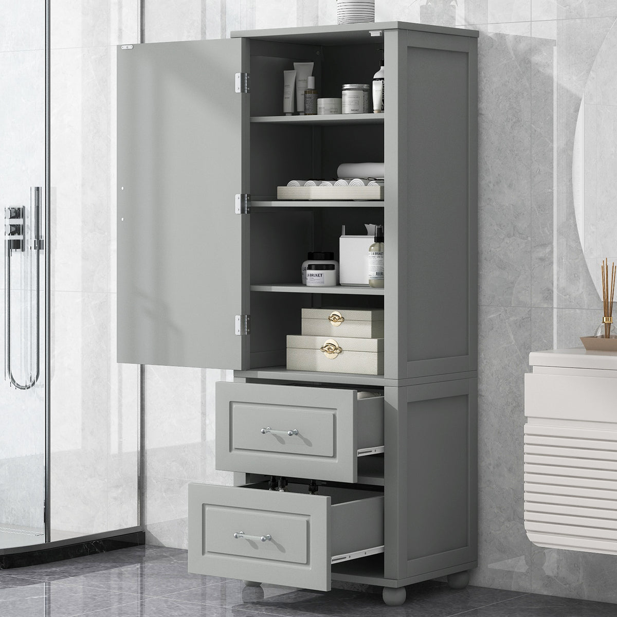 Tall Bathroom Storage Cabinet, Freestanding Storage Cabinet with Two Drawers and Adjustable Shelf, MDF Board , Grey - V.I.P Digital Presence