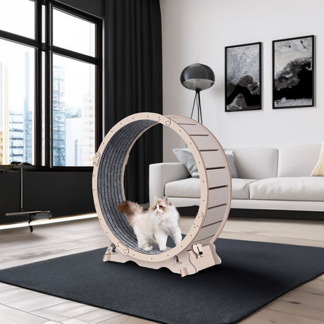 Cat Exercise Wheel for Indoor Cats, Cat Running Wheel with Carpeted Runway, 41" Natural Wood Color - V.I.P Digital Presence