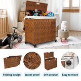 Laundry Hamper With Lid PE Rattan Powder Coating Frame Clothes Hampers with 02 Removable Bags, Wheels, 160L, Brown Color - V.I.P Digital Presence