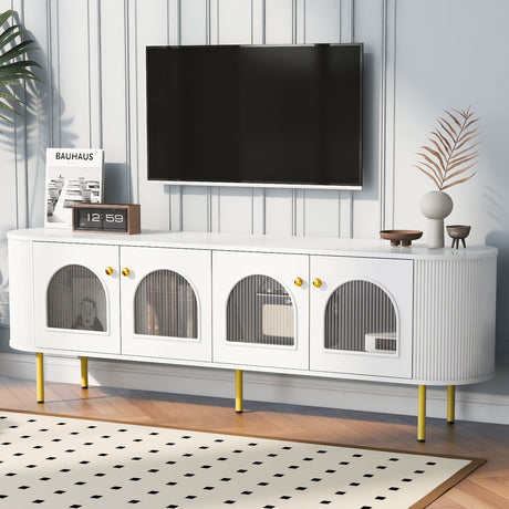 U-Can Modern TV Stand for TVs up to 80 Inches, Entertainment Center with 4 Cabinets, Wood with Metal Legs and Handles White - V.I.P Digital Presence