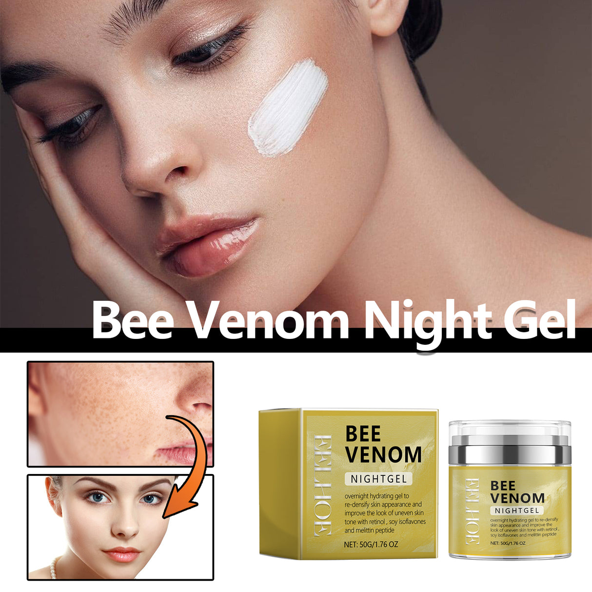 Bee Venom Night Gel, Moisturizing Smooth Brightens Dull Skin Shine White Skin Firming Creams
