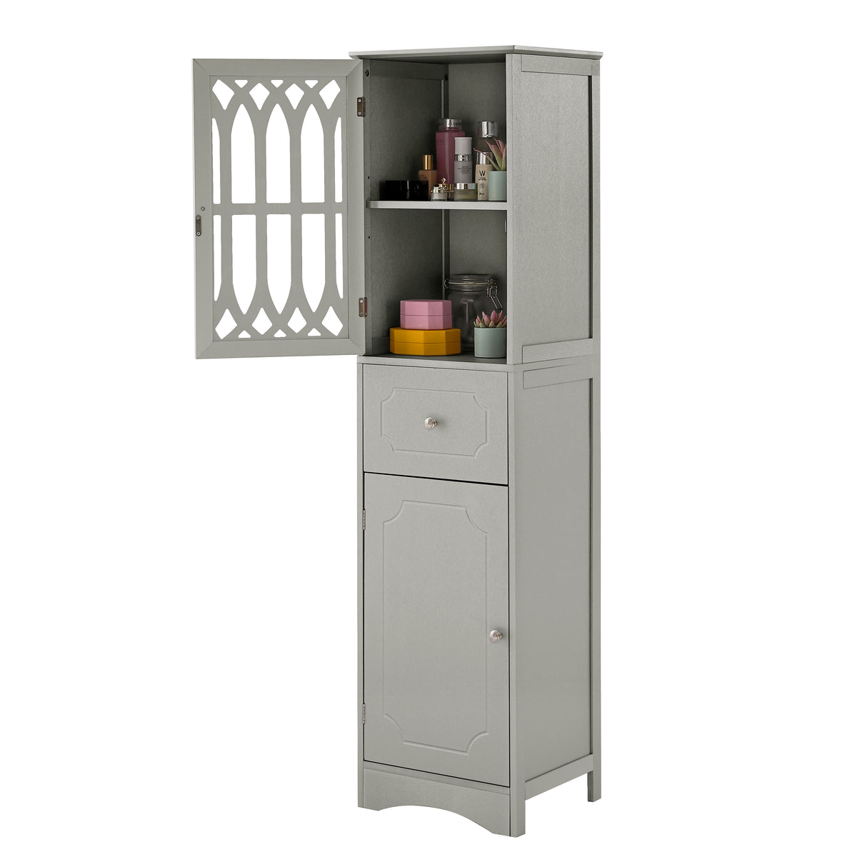 Tall Bathroom Cabinet, Freestanding Storage Cabinet with Drawer and Doors, MDF Board, Acrylic Door, Adjustable Shelf, Grey - V.I.P Digital Presence