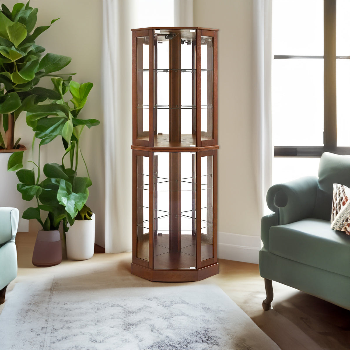 6 shelves corner Curio display cabinet with light mirror and adjustable shelves, walnut wood (excluding E26 light bulbs) - V.I.P Digital Presence