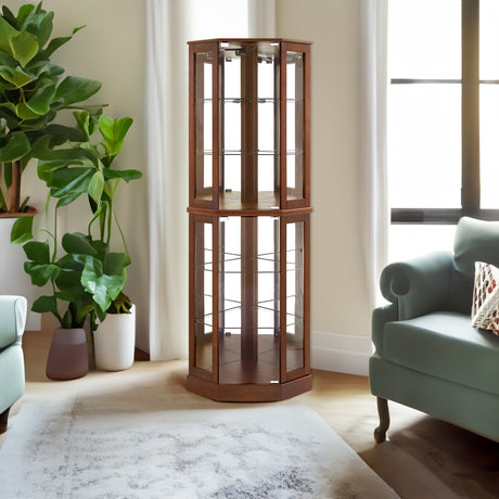 6 shelves corner Curio display cabinet with light mirror and adjustable shelves, walnut wood (excluding E26 light bulbs) - V.I.P Digital Presence