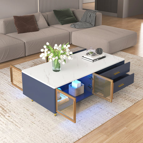 Modern Navy Blue Coffee Table with 2 Glass Door Storage, 4 Drawers, Gold Metal Legs, and Multi-Color Lighting in 47.2'' - V.I.P Digital Presence