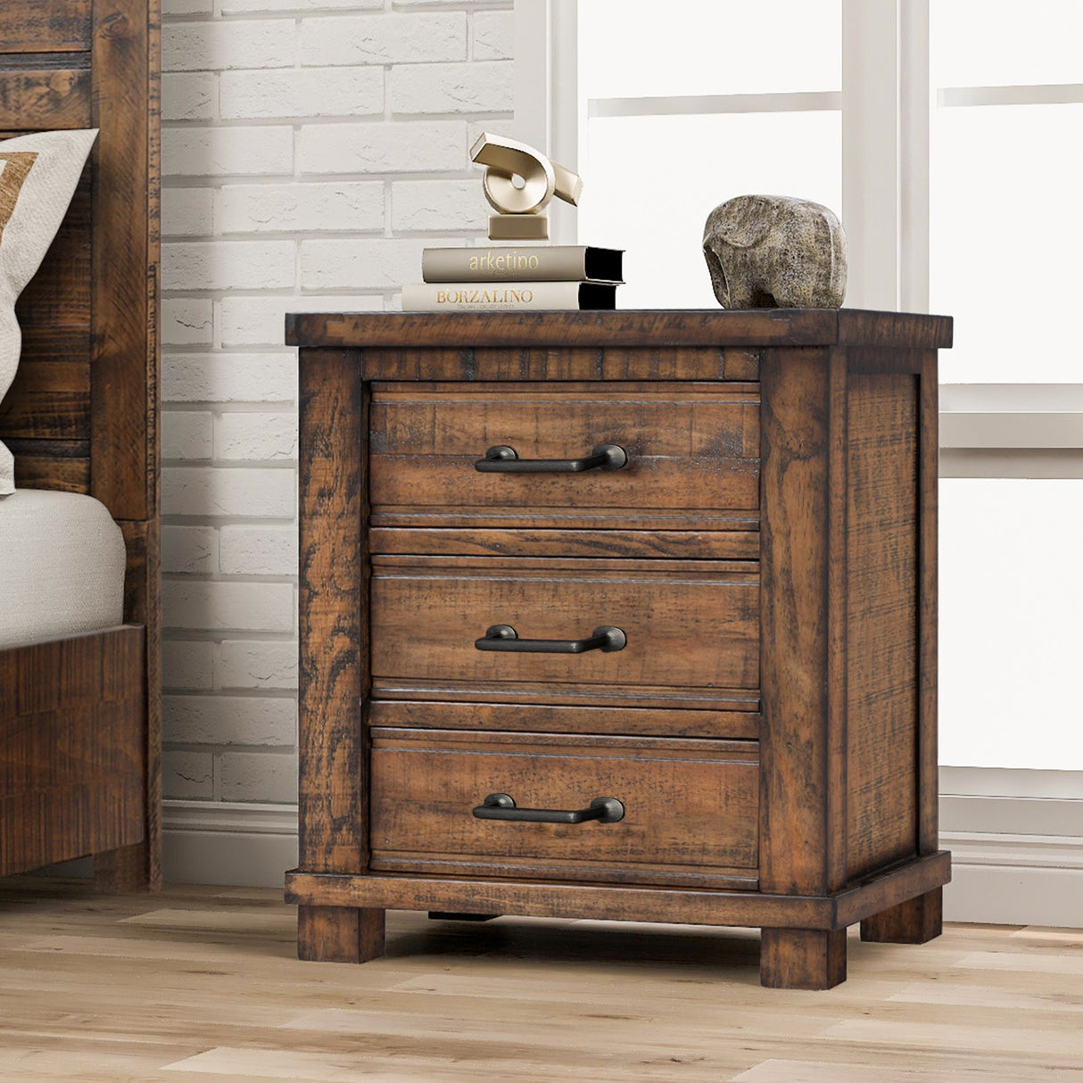 Rustic Three Drawer Reclaimed Solid Wood Framhouse Nightstand - V.I.P Digital Presence