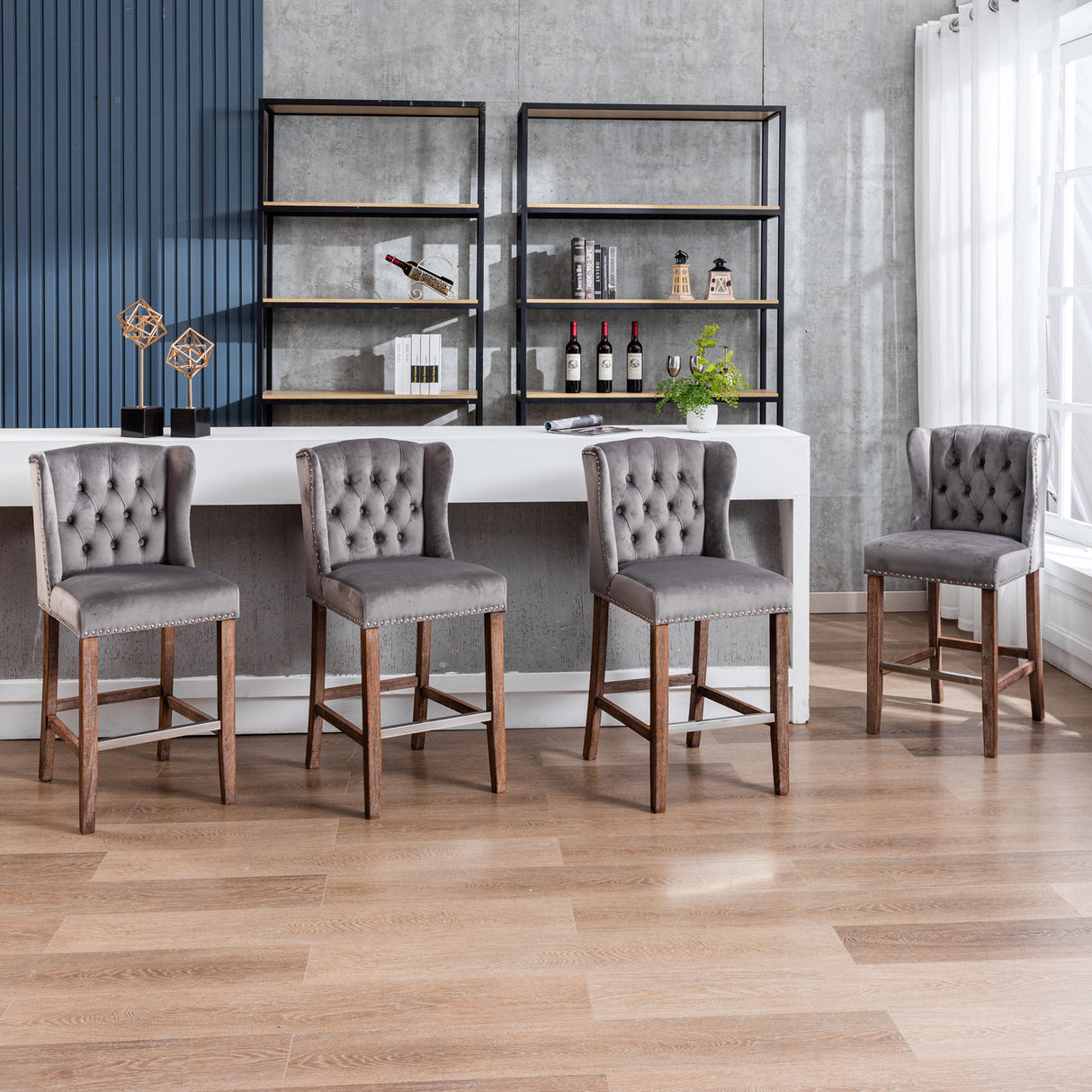 A&A Furniture Counter Height Bar Stools Upholstered 27" Seat Height Barstools Wingback Breakfast Chairs