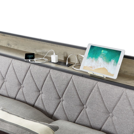 Bed frame with charging station full size, Grey, 83.1'' L x 56.1'' W x 39.2'' H. - V.I.P Digital Presence
