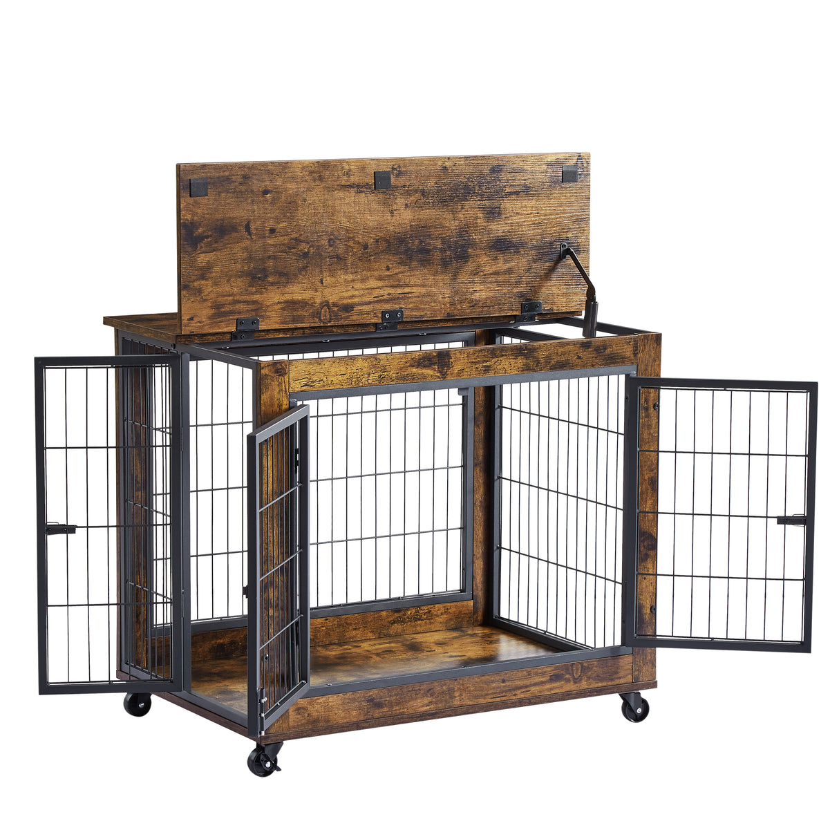 Furniture Style Dog Crate Side Table on Wheels with Double Doors and Lift Top. Rustic Brown, 31.50'' W x 22.05'' D x 25'' H. - V.I.P Digital Presence