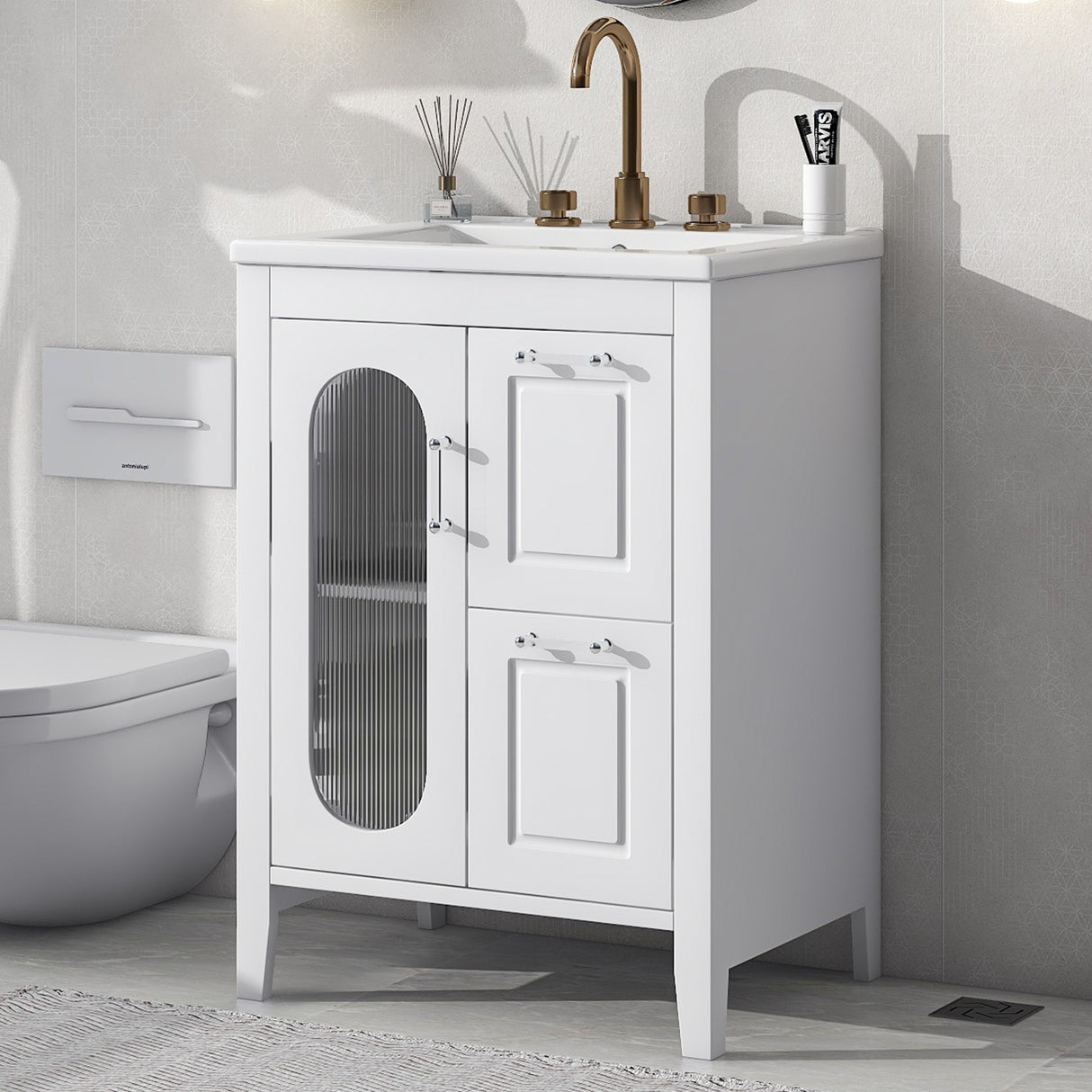 24" Bathroom Vanity with Sink, Bathroom Vanity Cabinet with Two Drawers and Door, Adjustable Shelf, Solid Wood and MDF, White - V.I.P Digital Presence
