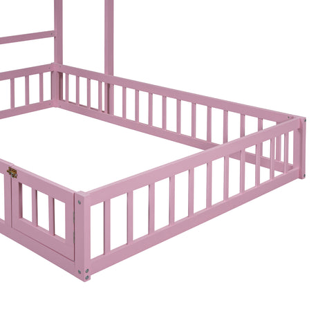 Wooden Full Size Children's Bed with Detachable Headboard and Integrated Clothes Drying Rack, Pink - V.I.P Digital Presence