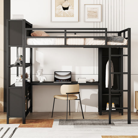 Metal loft bed with wardrobe and L-shaped desk, full-size loft bed with storage cabinet and shelf, heavy-duty loft bed, black - V.I.P Digital Presence